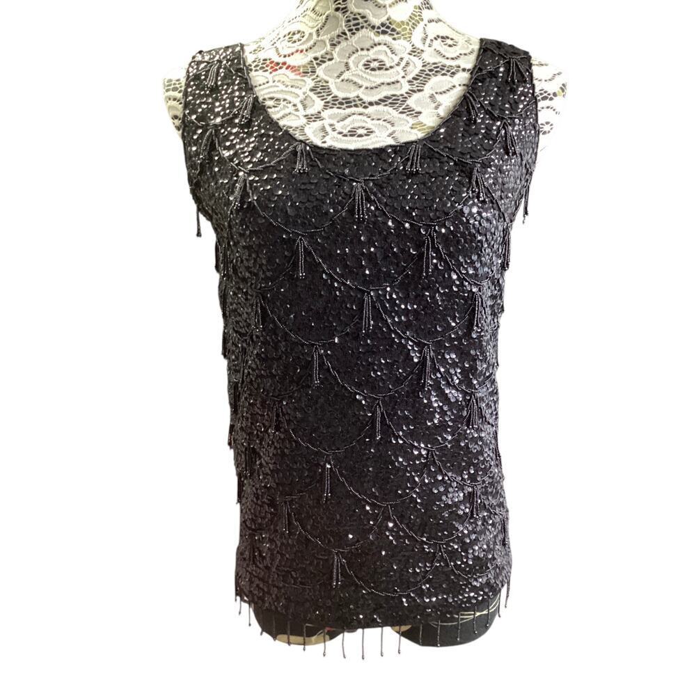 Vintage 100% wool Gimbels 1960s black sequin and beaded fringe cocktail top